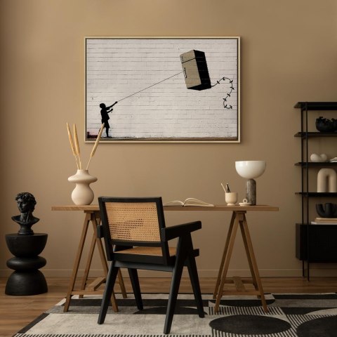 Obraz - Latająca lodówka (1-częściowy) szeroki 120x80 W ramie drewnianej naturalnej