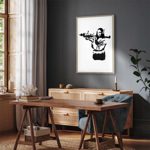 Obraz - Banksy Mona Lisa with Rocket Launcher (1-częściowy) pionowy 40x60 W ramie drewnianej naturalnej