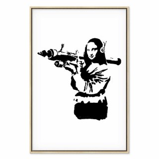 Obraz - Banksy Mona Lisa with Rocket Launcher (1-częściowy) pionowy 60x90 W ramie drewnianej naturalnej