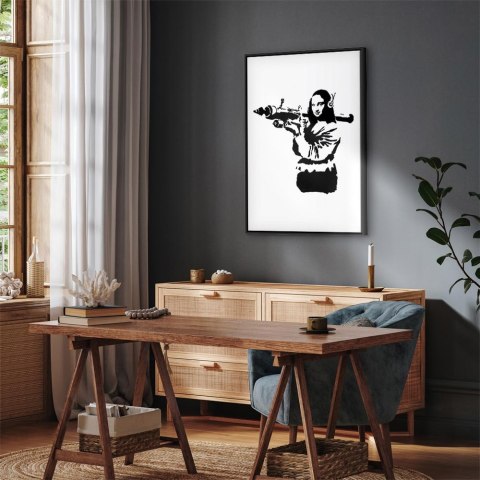 Obraz - Banksy Mona Lisa with Rocket Launcher (1-częściowy) pionowy 80x120 W ramie drewnianej czarnej