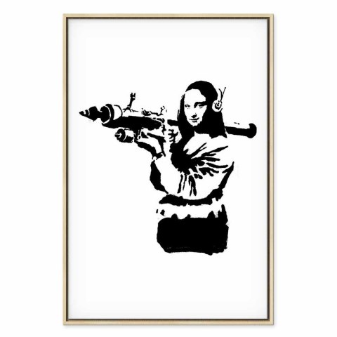 Obraz - Banksy Mona Lisa with Rocket Launcher (1-częściowy) pionowy 80x120 W ramie drewnianej naturalnej
