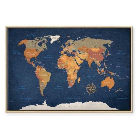 Obraz - Mapa świata: Atramentowe oceany 90x60 W ramie drewnianej naturalnej