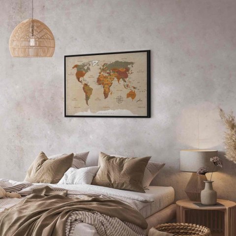 Obraz - Mapa świata: Beżowy szyk 120x80 W ramie drewnianej czarnej