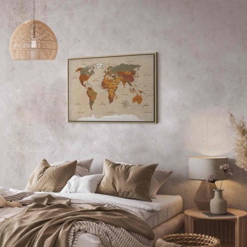 Obraz - Mapa świata: Beżowy szyk 60x40 W ramie drewnianej naturalnej