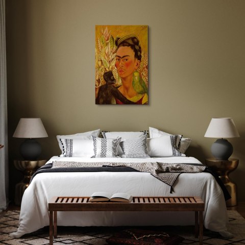 Obraz - Frida Kahlo - Autoportret z małpą i papugą 20x30 Premium Print
