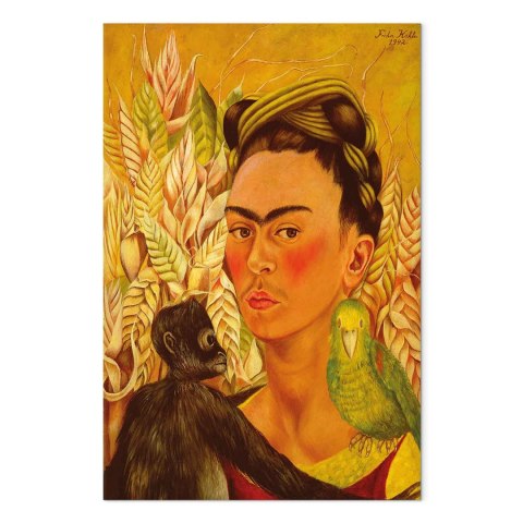 Obraz - Frida Kahlo - Autoportret z małpą i papugą 40x60 Standard