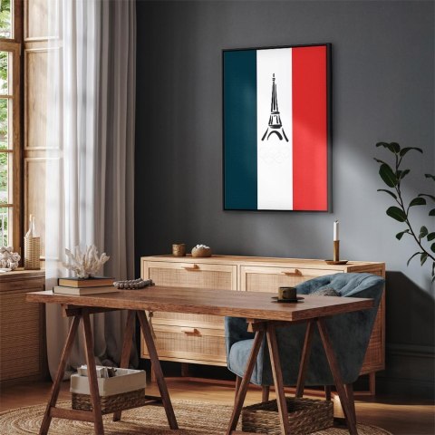 Obraz - Flaga Francji z graficzną wieżą Eiffla 40x60 W ramie drewnianej czarnej