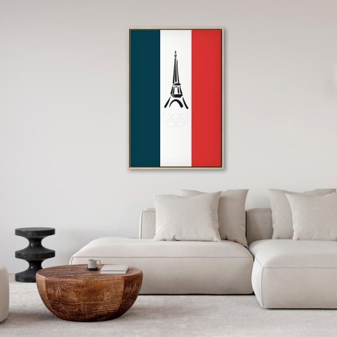 Obraz - Flaga Francji z graficzną wieżą Eiffla 60x90 W ramie drewnianej naturalnej