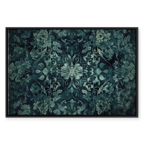 Obraz - Wzór orientalny dywanowy: szmaragdowe ornamenty i przetarte wzory 120x80 W ramie drewnianej czarnej