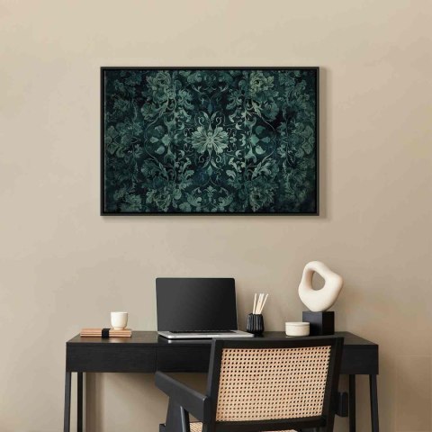 Obraz - Wzór orientalny dywanowy: szmaragdowe ornamenty i przetarte wzory 120x80 W ramie drewnianej czarnej