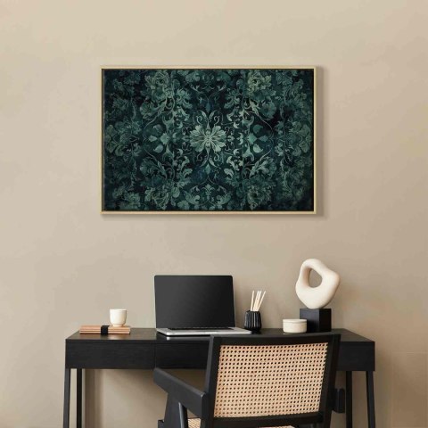 Obraz - Wzór orientalny dywanowy: szmaragdowe ornamenty i przetarte wzory 60x40 W ramie drewnianej naturalnej