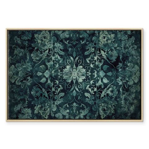 Obraz - Wzór orientalny dywanowy: szmaragdowe ornamenty i przetarte wzory 90x60 W ramie drewnianej naturalnej