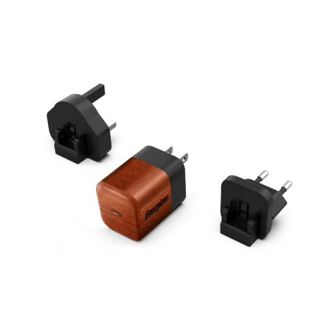 Energizer Ultimate - Ładowarka sieciowa podróżna Multiplug EU / UK / US GaN USB-C 20W PD (Walnut burl)