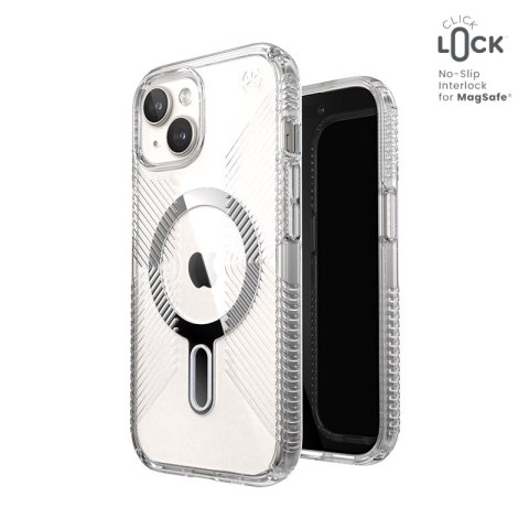 Speck Presidio Perfect-Clear Grip ClickLock & MagSafe - Etui iPhone 17e / 16e / 15 / 14 / 13 (Clear / Chrome Finish / Serene Sil