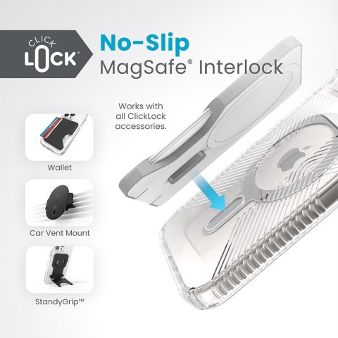 Speck Presidio Perfect-Clear Grip ClickLock & MagSafe - Etui iPhone 17e / 16e / 15 / 14 / 13 (Clear / Chrome Finish / Serene Sil