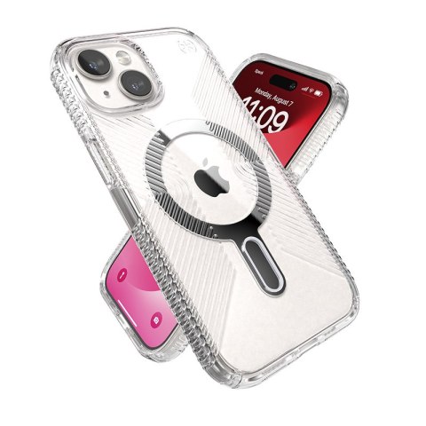 Speck Presidio Perfect-Clear Grip ClickLock & MagSafe - Etui iPhone 17e / 16e / 15 / 14 / 13 (Clear / Chrome Finish / Serene Sil