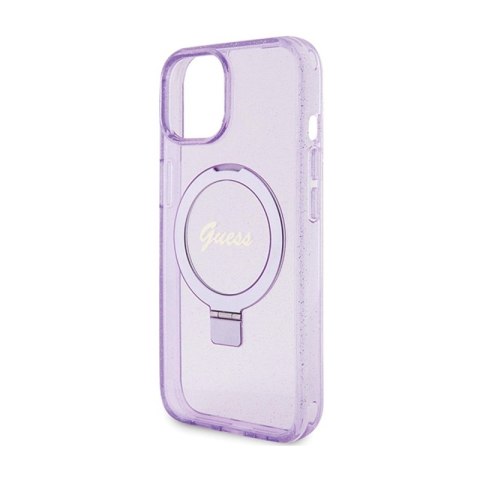 Guess Ring Stand Script Glitter MagSafe - Etui iPhone 15 Plus (fioletowy)
