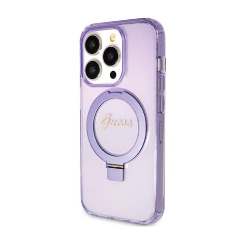 Guess Ring Stand Script Glitter MagSafe - Etui iPhone 15 Pro (fioletowy)