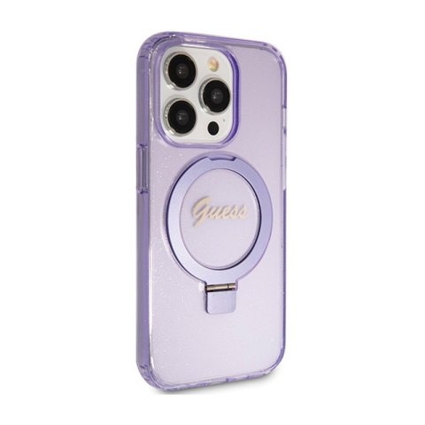 Guess Ring Stand Script Glitter MagSafe - Etui iPhone 15 Pro (fioletowy)