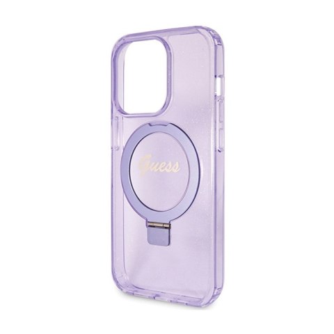 Guess Ring Stand Script Glitter MagSafe - Etui iPhone 15 Pro (fioletowy)