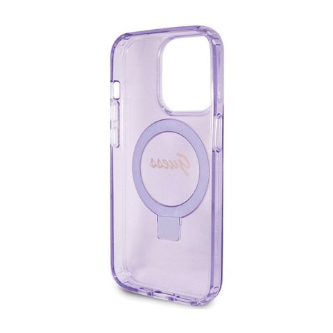 Guess Ring Stand Script Glitter MagSafe - Etui iPhone 15 Pro (fioletowy)