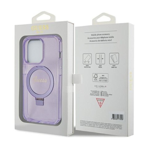 Guess Ring Stand Script Glitter MagSafe - Etui iPhone 15 Pro (fioletowy)