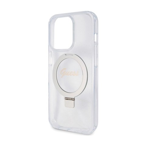 Guess Ring Stand Script Glitter MagSafe - Etui iPhone 15 Pro (przezroczysty)