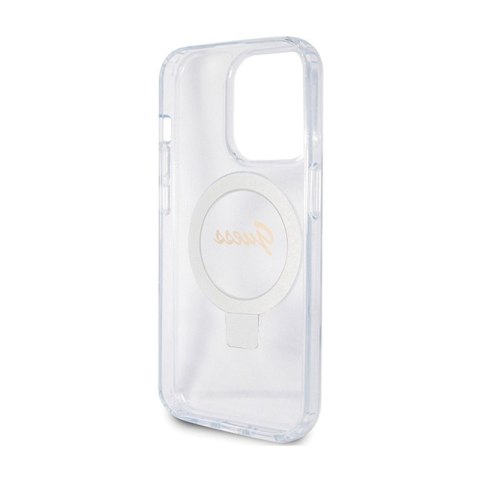 Guess Ring Stand Script Glitter MagSafe - Etui iPhone 15 Pro (przezroczysty)