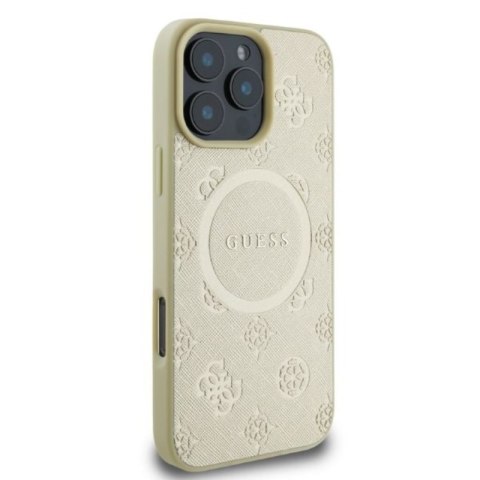 Guess Saffiano Peony Classic Logo MagSafe - Etui iPhone 16 Pro (złoty)