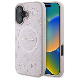 Guess Saffiano Peony Classic Logo MagSafe - Etui iPhone 16 (różowy)