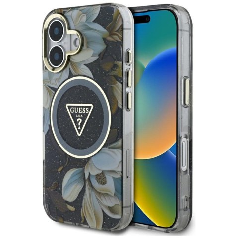 Guess Glitter Flowers Triangle Buttons MagSafe - Etui do iPhone 16 (czarny)