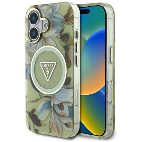 Guess Glitter Flowers Triangle Buttons MagSafe - Etui do iPhone 16 zielony