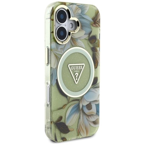 Guess Glitter Flowers Triangle Buttons MagSafe - Etui do iPhone 16 zielony
