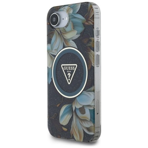 Guess IML Metal Glitter Flowers Triangle MagSafe - Etui do iPhone 16e (czarny)