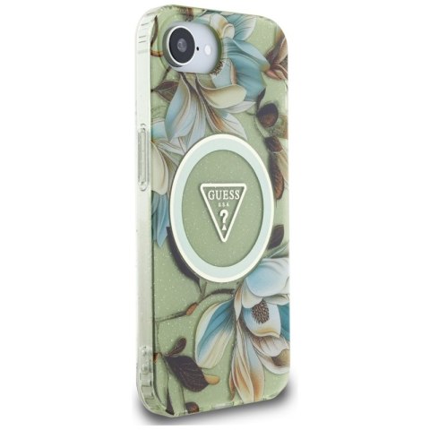 Guess IML Metal Glitter Flowers Triangle MagSafe - Etui do iPhone 16e (zielony)