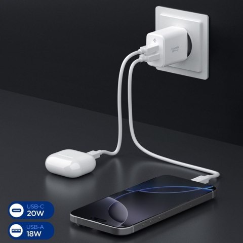 Spigen Essential EE202EU GaN Pro - Ładowarka sieciowa USB-C + USB-A 20W (White)