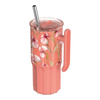 Quokka Umi - Kubek termiczny ze stali nierdzewnej 720 ml ze słomką i silikonową podstawką (Floral Coral)