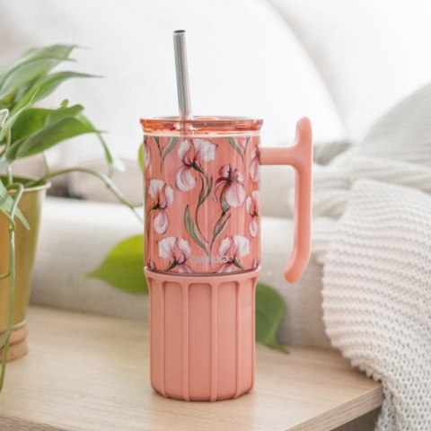 Quokka Umi - Kubek termiczny ze stali nierdzewnej 720 ml ze słomką i silikonową podstawką (Floral Coral)
