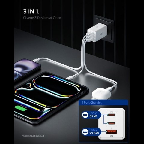 Spigen Essential EE673EU GaN Pro - Ładowarka sieciowa 2x USB-C + USB-A 67W (White)