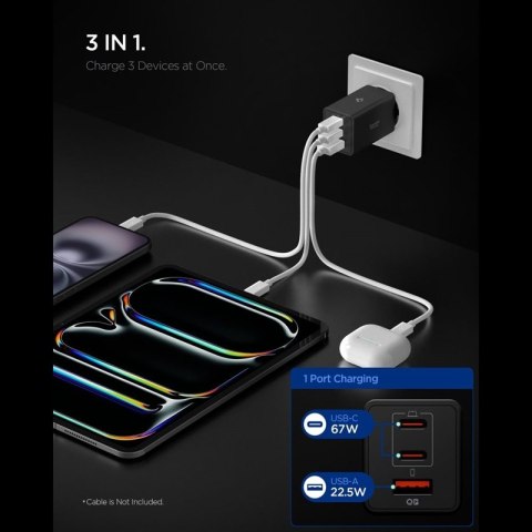 Spigen Essential EE673EU GaN Pro - Ładowarka sieciowa 2x USB-C + USB-A 67W (Black)