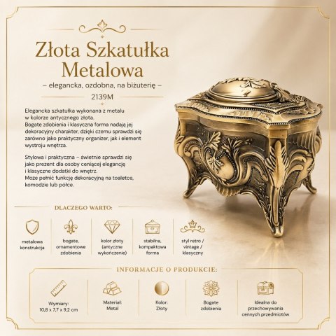 Złota Szkatułka Metalowa na Biżuterię Retro - 2139M