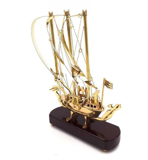Okręt mosiężny na podstawie drewnianej - 30cm - N-3615A
