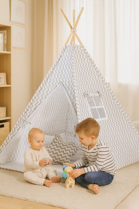 Namiot Tipi dla dzieci + zawieszki pióra - Chevron szary