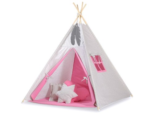 Namiot Tipi dla dzieci+ zawieszki pióra - Kratka szara - różowy