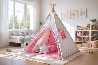 Namiot Tipi dla dzieci+ zawieszki pióra - Kratka szara - różowy