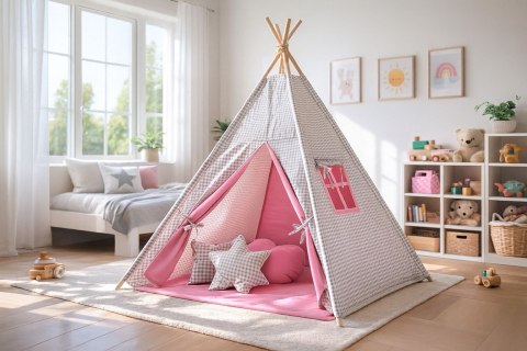 Namiot Tipi dla dzieci+ zawieszki pióra - Kratka szara - różowy