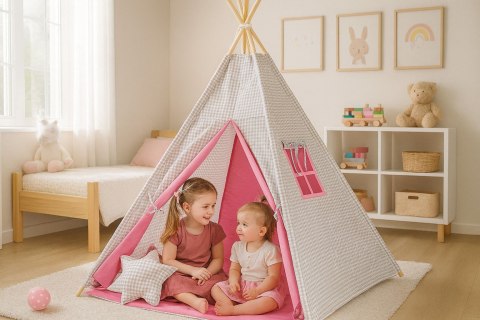 Namiot Tipi dla dzieci+ zawieszki pióra - Kratka szara - różowy