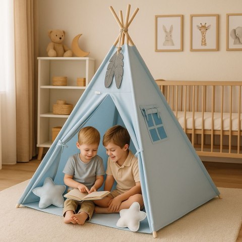 Namiot TIPI dla dzieci + mata + poduszki + zawieszki pióra - niebieski