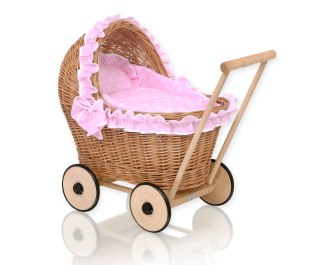 Wiklinowy wózek dla lalek pchacz z różową pościelką i miękką wyściółką CHIARA - naturalny