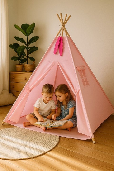 Namiot TIPI dla dzieci +mata + zawieszki pióra - różowy